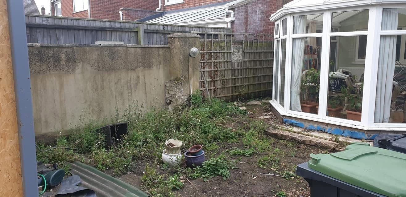 Overgrown corner of a back garden beside a conservatory, before clearance