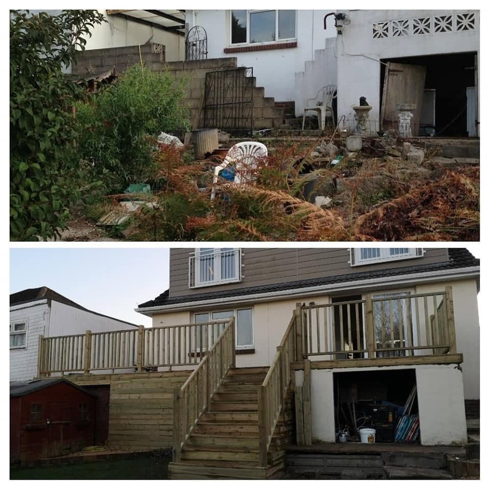 Before and after: an overgrown back garden with old steps, then a new raised timber deck with steps and balustrade